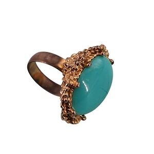 70s Brutalist Turquoise Ring Gold Tone Nugget Statement Cocktail Size 7.5